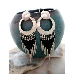 QT Carolyn Pollack Black Onyx vintage tassel dangle Sterling Silver Earrings